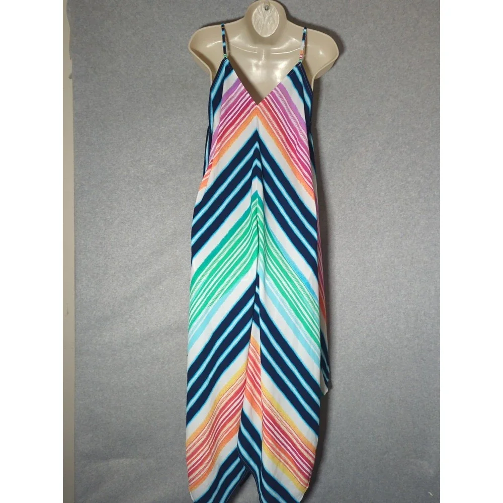 Tommy Bahama Spaguetti Shift‎ Maxi Summer Dress Multi Striped S/M Asymmetrical